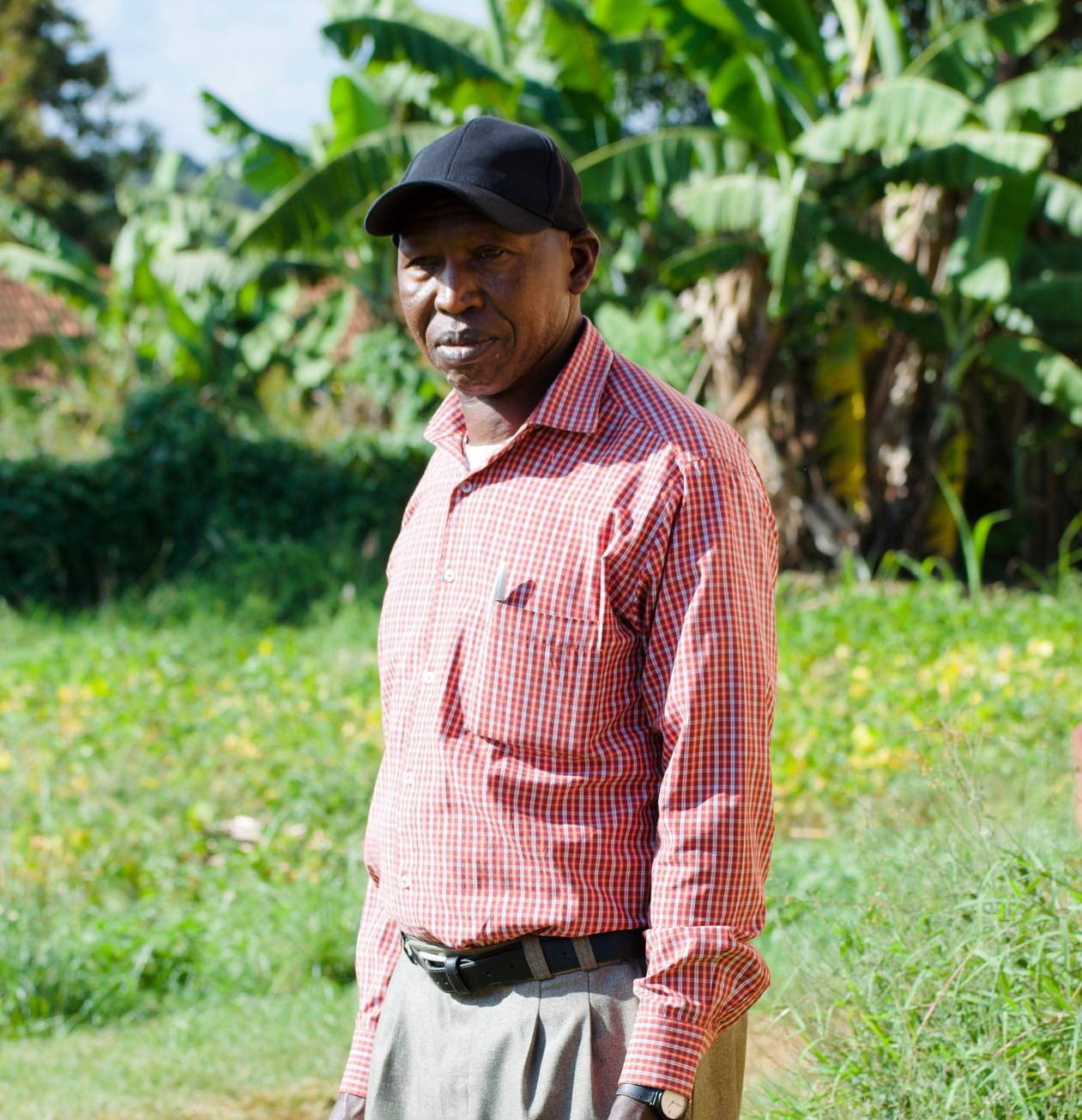 Andrew in a red checked shirt standing in a garden with banana plants